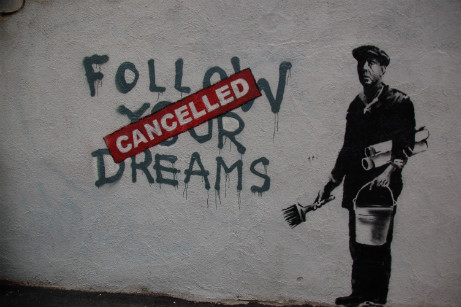 Banksy in Boston - Follow your dreams canceled, photo by Chris Devers http://www.flickr.com/photos/cdevers/4602805654/in/set-72157623923780977/